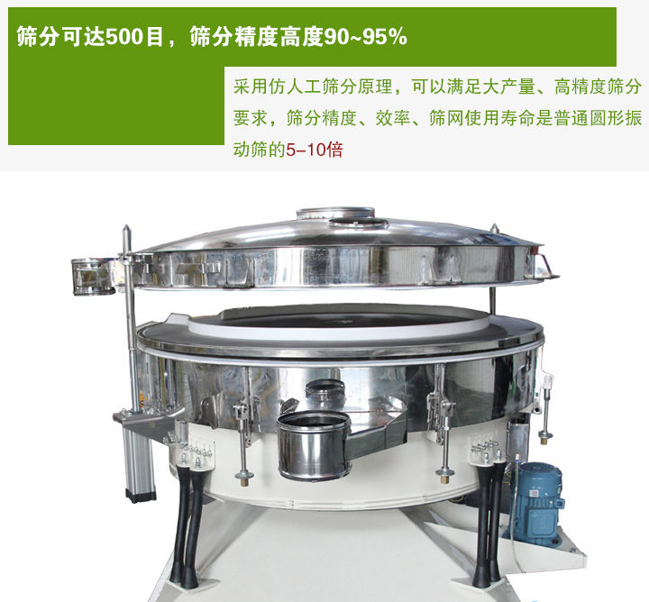 搖擺篩分機(jī)采用仿人工篩分原理，可以滿足大產(chǎn)量、高精度篩分 要求，篩分精度、效率、篩網(wǎng)使用壽命是普通圓形振 動(dòng)篩的5-10倍