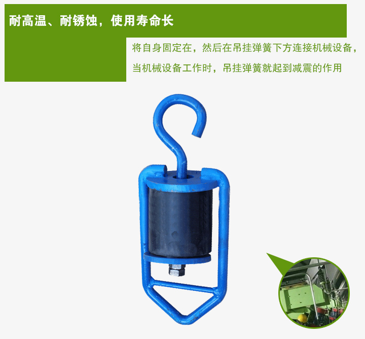 吊掛彈簧將自身固定在，然后在吊掛彈簧下方連接機械設備， 當機械設備工作時，吊掛彈簧就起到減震的作用